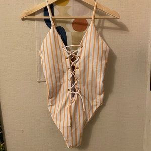 Yellow White Striped One Piece Swimsuit - Size M